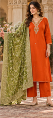 Women Premium Rust Tone Roman Silk Jacquard Chunni Kurta Pant and Dupatta set