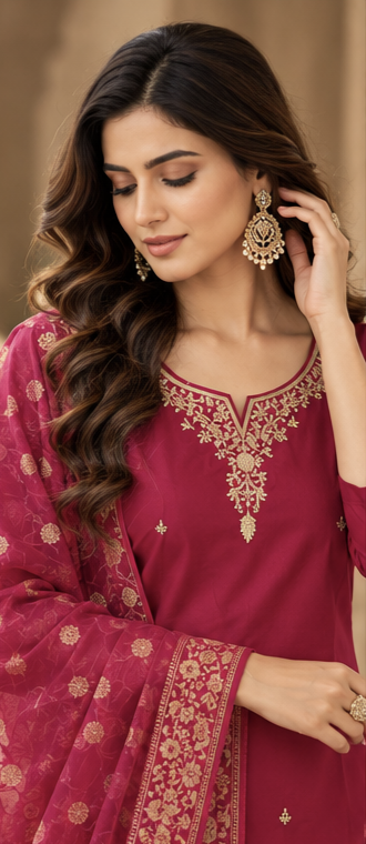 Women Premium Rani Roman Silk Jacqaurd Butti Kurta Pant and Dupatta set