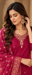 Women Premium Rani Roman Silk Jacqaurd Butti Kurta Pant and Dupatta set