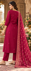 Women Premium Rani Roman Silk Jacqaurd Butti Kurta Pant and Dupatta set