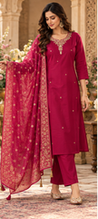 Women Premium Rani Roman Silk Jacqaurd Butti Kurta Pant and Dupatta set