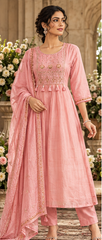 Women Premium Baby Pink Mul Chanderi Embroidery Kurta Pant and Dupatta set