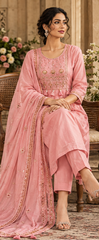 Women Premium Baby Pink Mul Chanderi Embroidery Kurta Pant and Dupatta set
