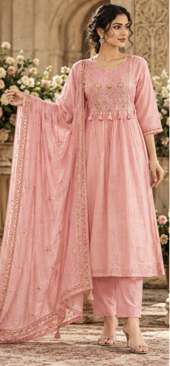 Women Premium Baby Pink Mul Chanderi Embroidery Kurta Pant and Dupatta set