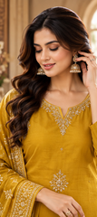 omen Premium Amber Yellow Roman Silk Jacqaurd Butti Kurta Pant and Dupatta set