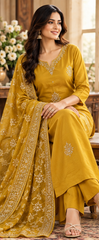 omen Premium Amber Yellow Roman Silk Jacqaurd Butti Kurta Pant and Dupatta set