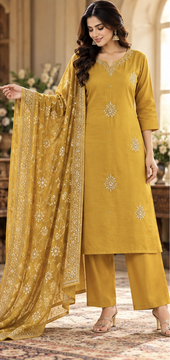 omen Premium Amber Yellow Roman Silk Jacqaurd Butti Kurta Pant and Dupatta set