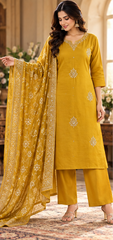 omen Premium Amber Yellow Roman Silk Jacqaurd Butti Kurta Pant and Dupatta set