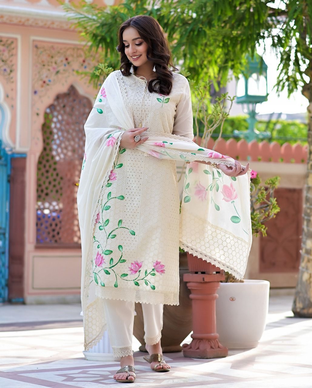 Trendy Chikankari Schifli Mulmul Dupatta and Kurta Pant Set