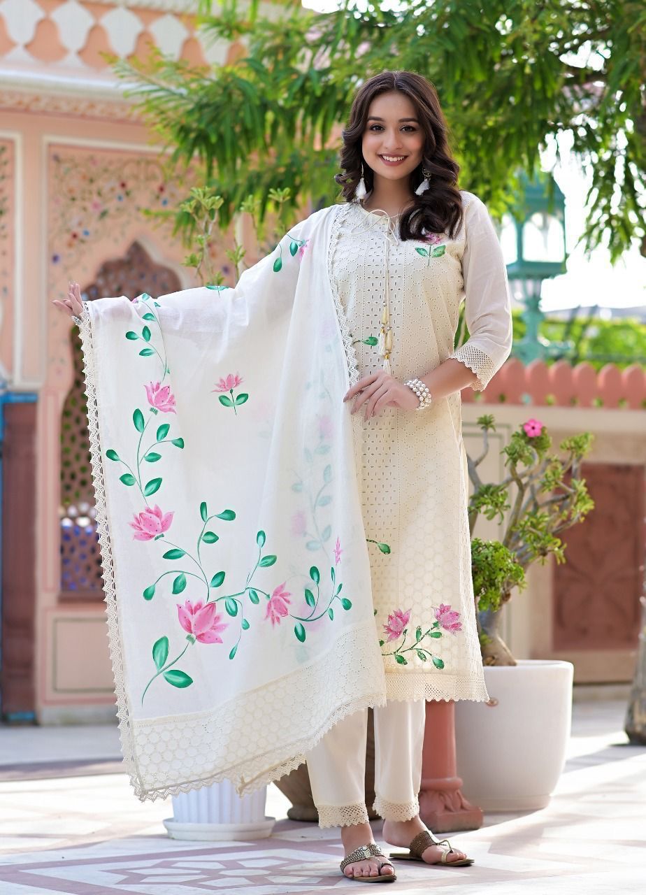 Trendy Chikankari Schifli Mulmul Dupatta and Kurta Pant Set