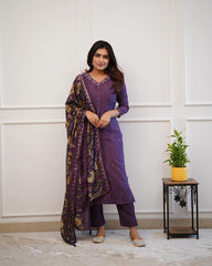 Trending Muslin Dupatta Purple Rayon Kurta Pant and Dupatta set