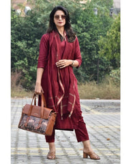 Premium South Cotton Brown Kurta Pant and Dupatta set