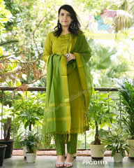 Premium South Handloom Cotton Green Kurta Pant and Dupatta set