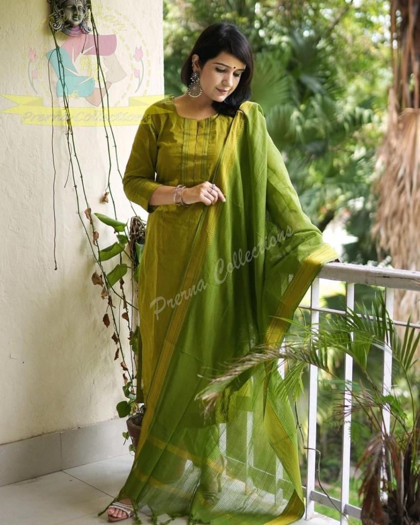 Premium South Handloom Cotton Green Kurta Pant and Dupatta set