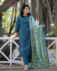 Premium Khadi Cotton Green Kurta Pant and Dupatta set