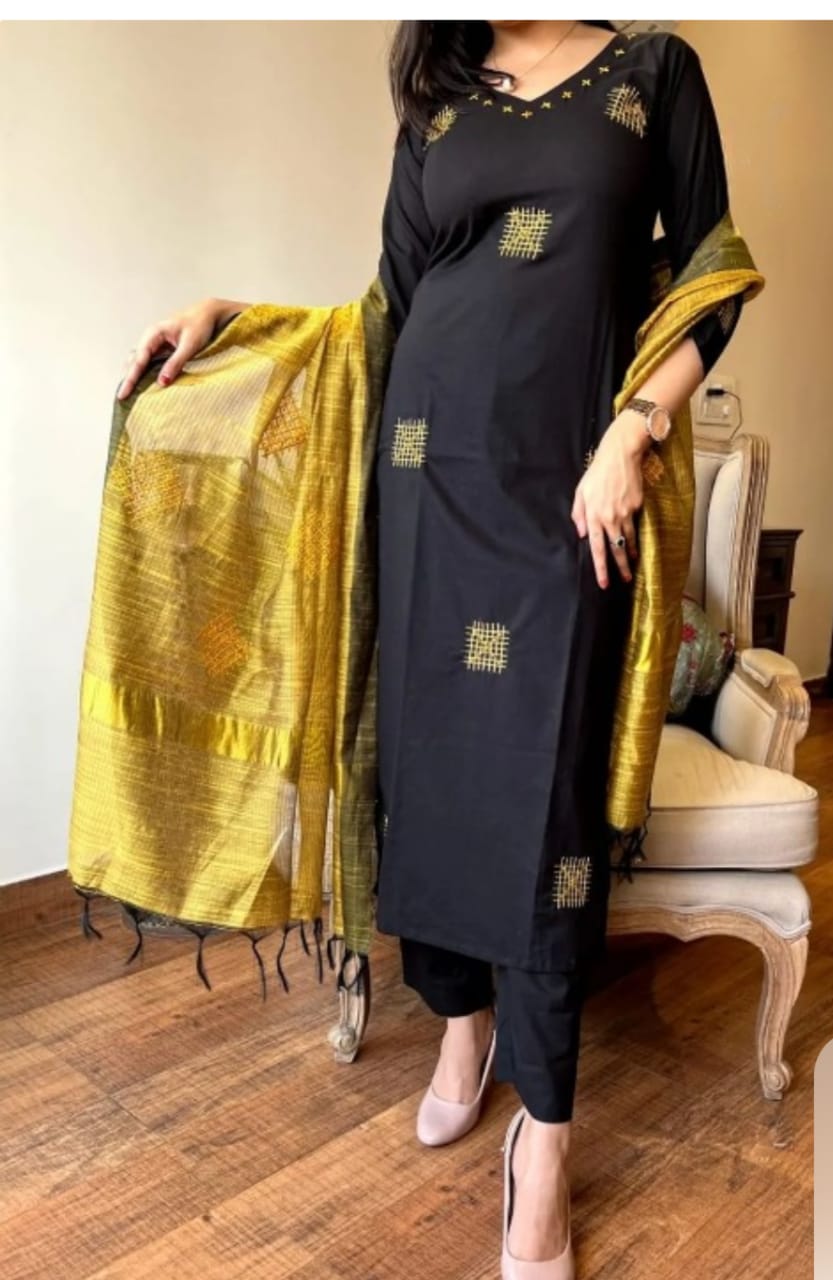 Premium Bhagalpuru silk Black kurta Pant and Dupatta set