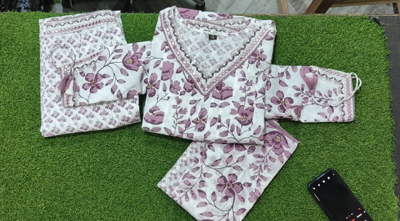 Trending Floral Purple Kurta pant and Dupatta set