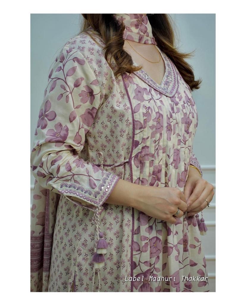 Trending Floral Purple Kurta pant and Dupatta set