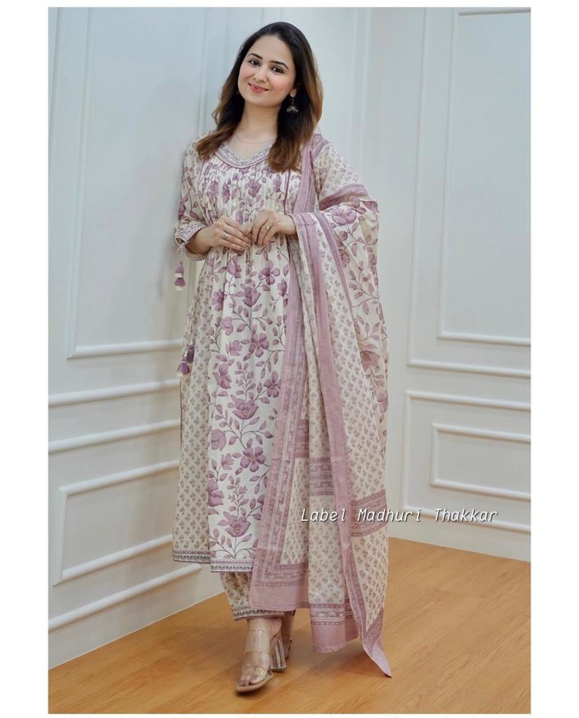 Trending Floral Purple Kurta pant and Dupatta set