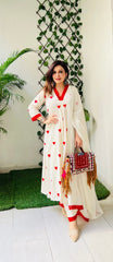 Trending Cotton Heart White Kurta Pant and Dupatta set