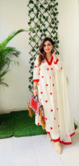 Trending Cotton Heart White Kurta Pant and Dupatta set