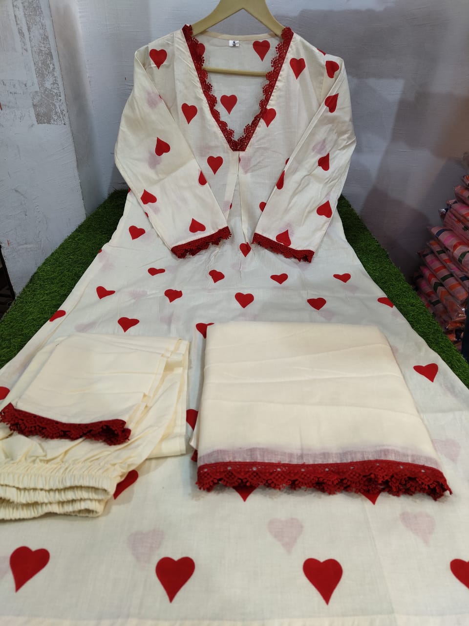 Trending Cotton Heart White Kurta Pant and Dupatta set