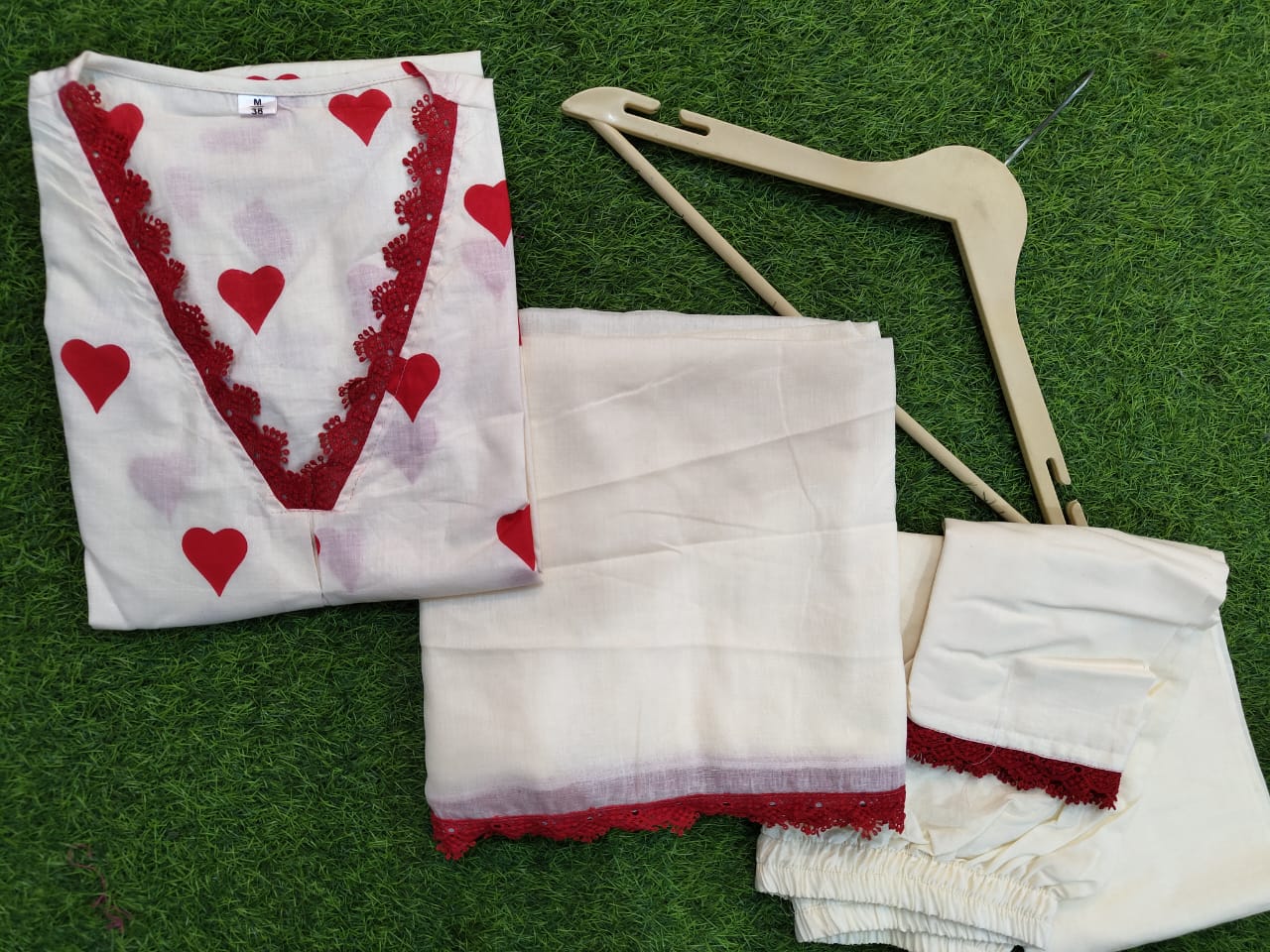 Trending Cotton Heart White Kurta Pant and Dupatta set