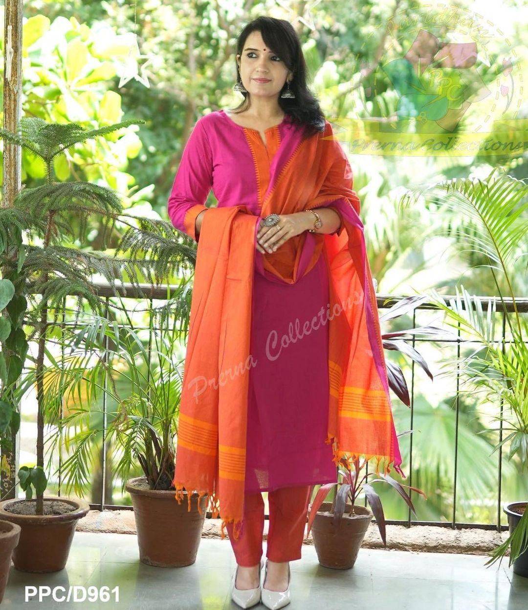 Premium South Cotton Pink Kurta Pant and Dupatta set