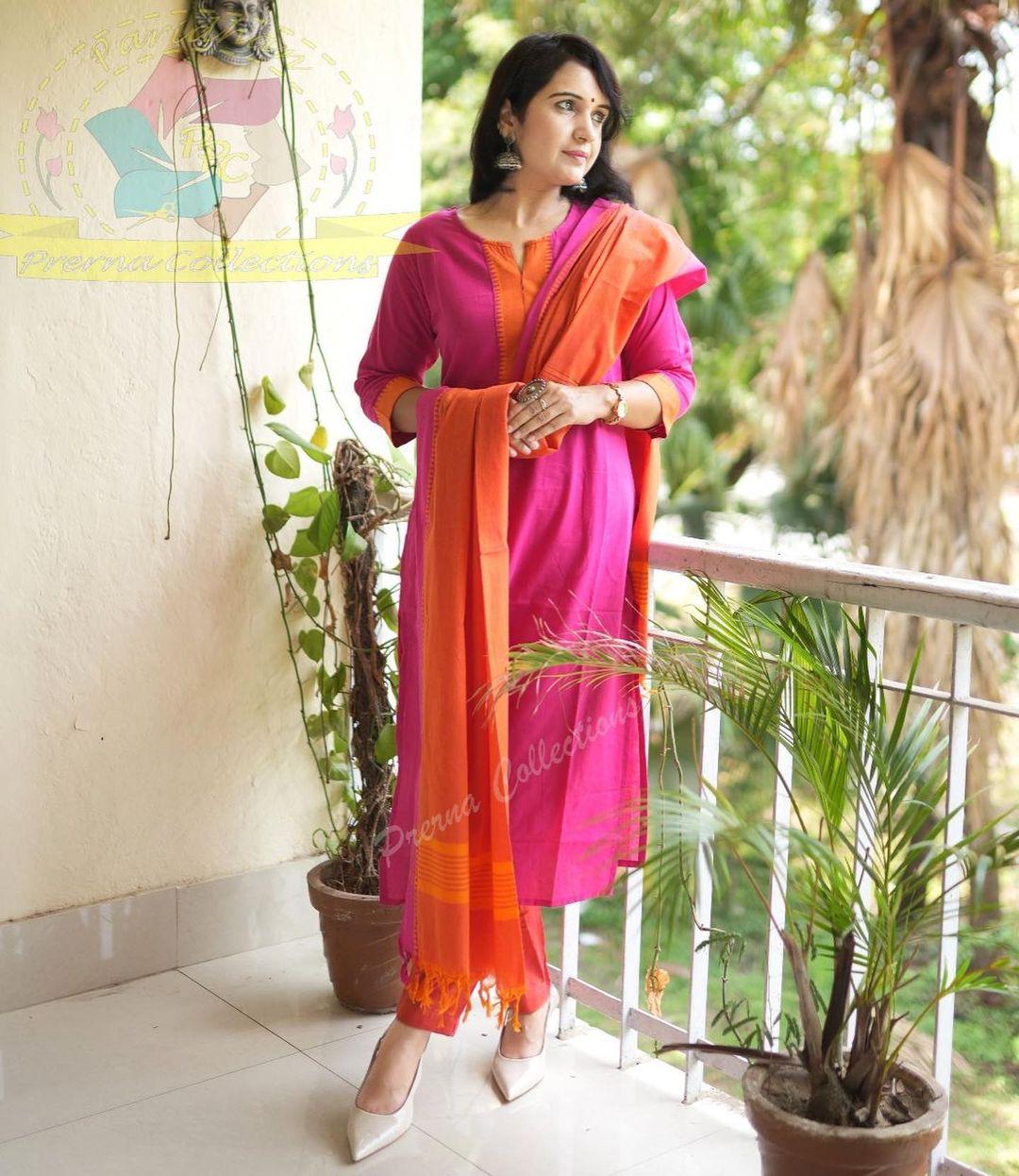 Premium South Cotton Pink Kurta Pant and Dupatta set