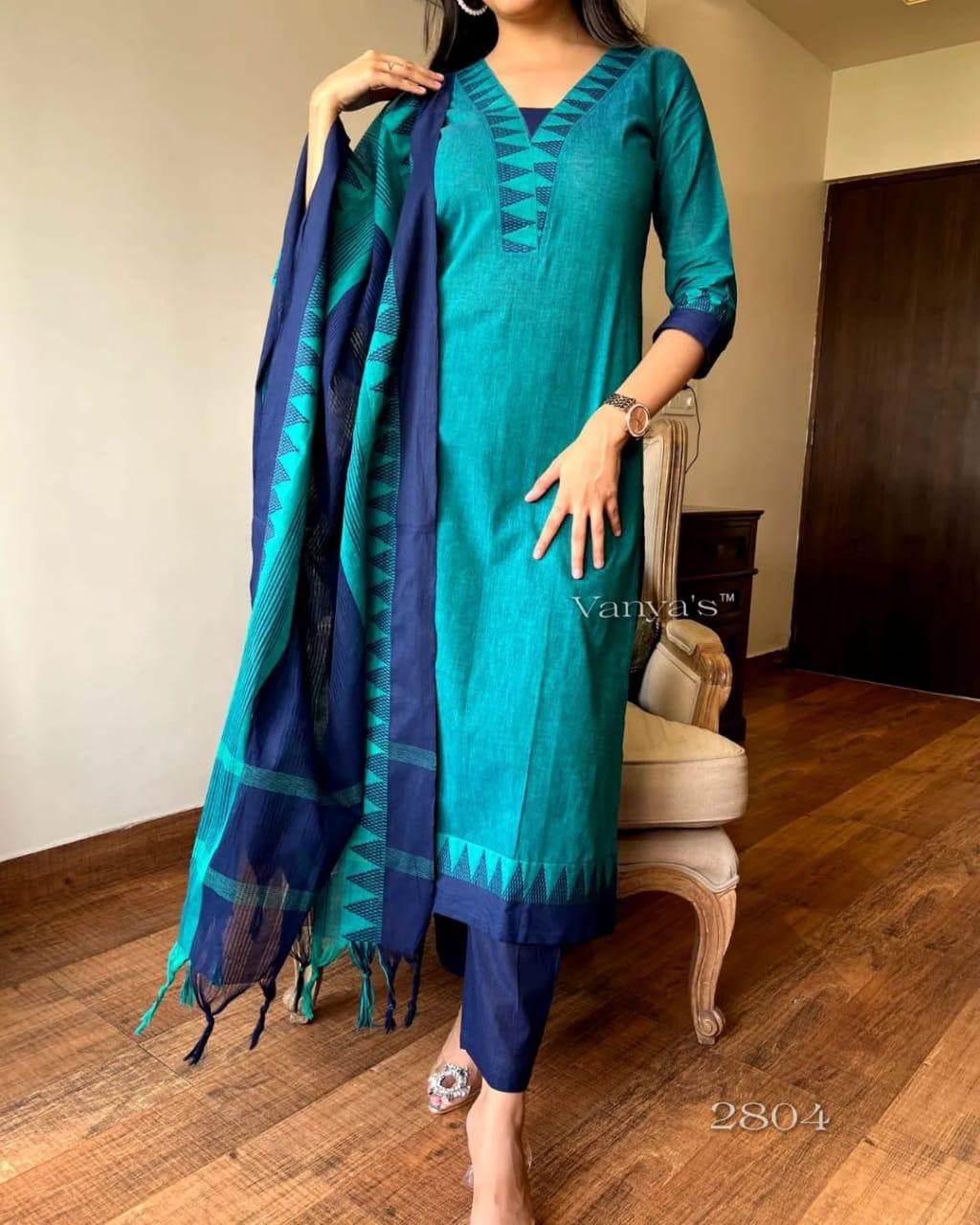 Premium South Handloom Cotton Temple border Bluish-Green Kurta Pant and Dupatta set