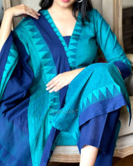 Premium South Handloom Cotton Temple border Bluish-Green Kurta Pant and Dupatta set