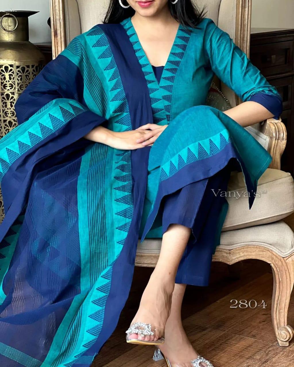 Premium South Handloom Cotton Temple border Bluish-Green Kurta Pant and Dupatta set