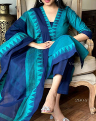 Premium South Handloom Cotton Temple border Bluish-Green Kurta Pant and Dupatta set