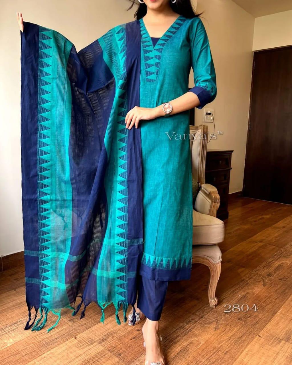 Premium South Handloom Cotton Temple border Bluish-Green Kurta Pant and Dupatta set