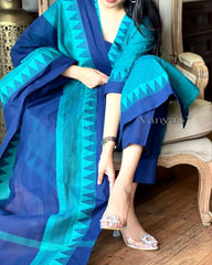 Premium South Handloom Cotton Temple border Bluish-Green Kurta Pant and Dupatta set