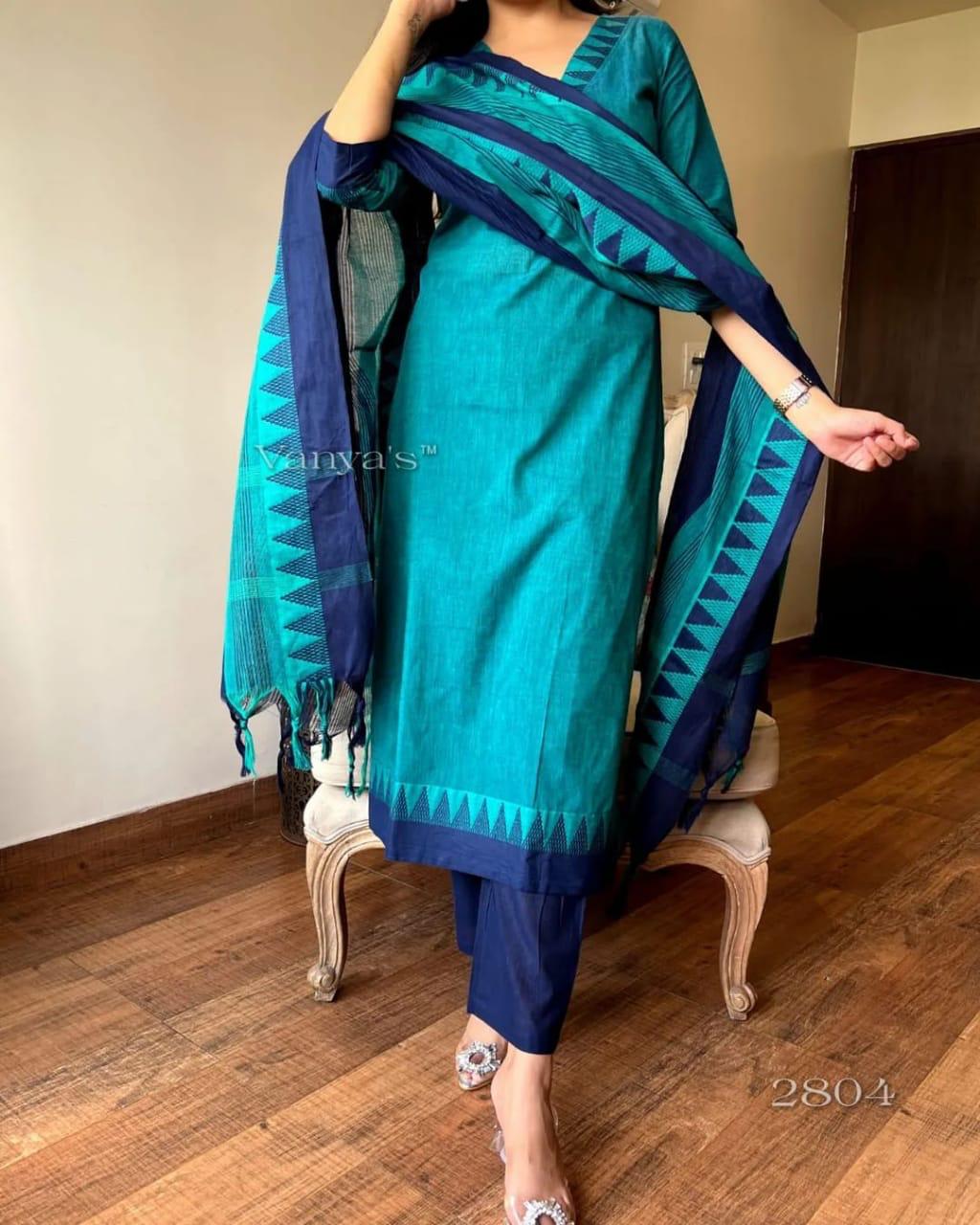 Premium South Handloom Cotton Temple border Bluish-Green Kurta Pant and Dupatta set