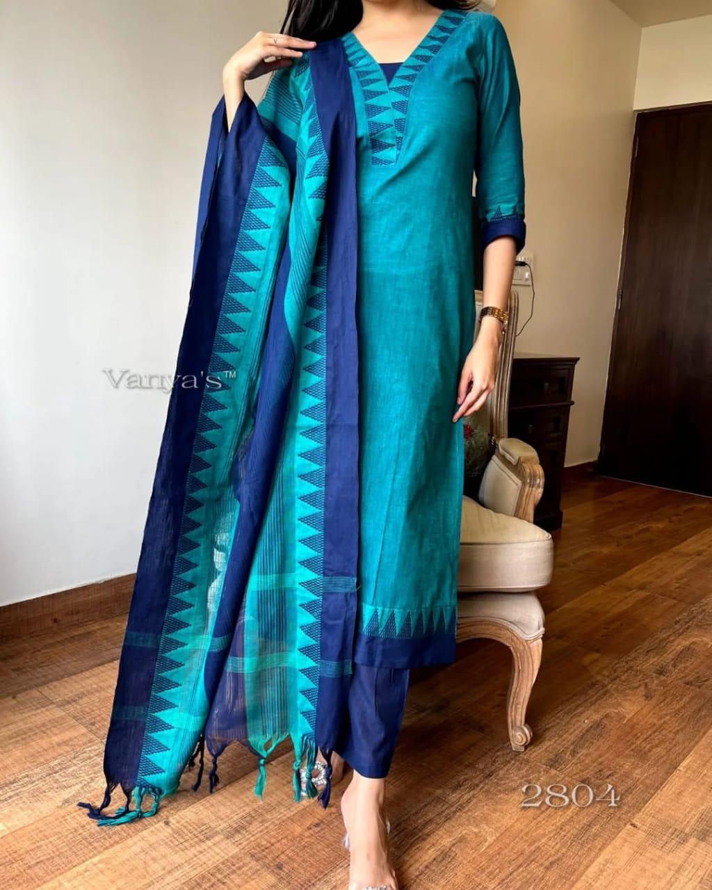 Premium South Handloom Cotton Temple border Bluish-Green Kurta Pant and Dupatta set