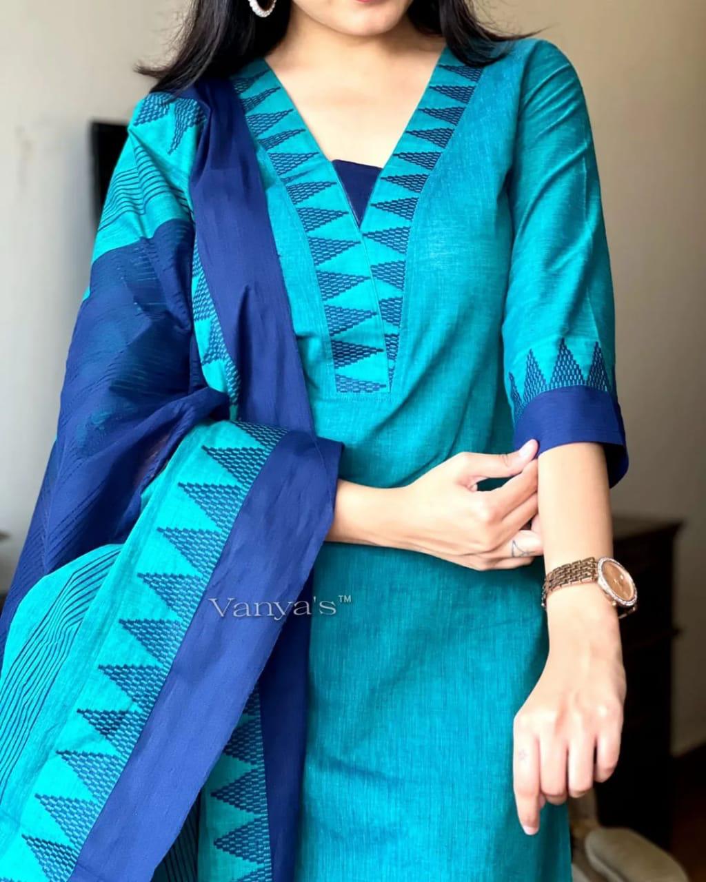 Premium South Handloom Cotton Temple border Bluish-Green Kurta Pant and Dupatta set