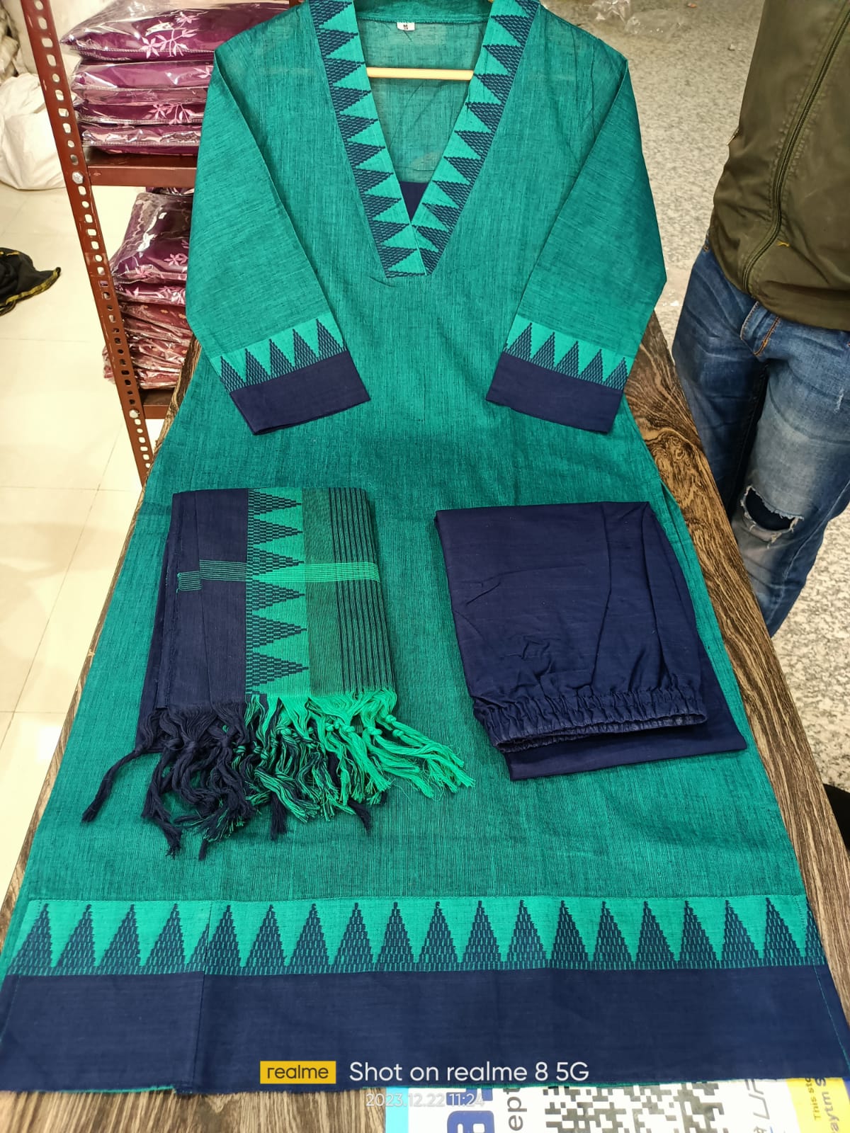 Premium South Handloom Cotton Temple border Bluish-Green Kurta Pant and Dupatta set