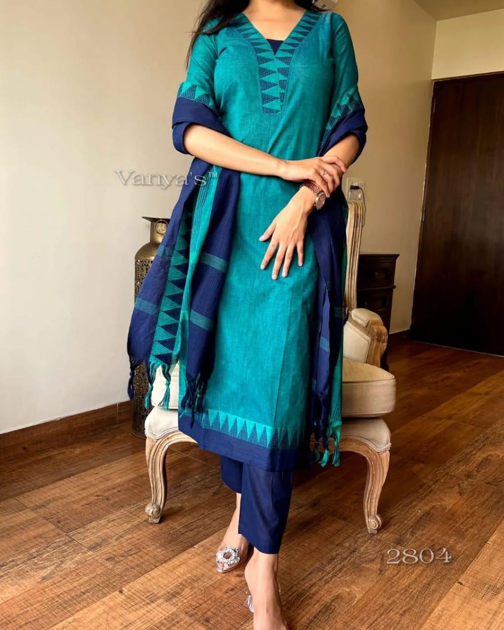 Premium South Handloom Cotton Temple border Bluish-Green Kurta Pant and Dupatta set