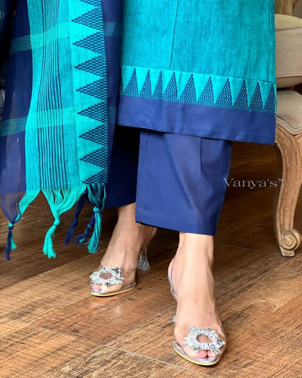 Premium South Handloom Cotton Temple border Bluish-Green Kurta Pant and Dupatta set