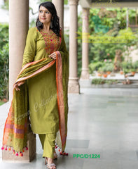 Premium Cotton Slub Green Kurta Pant and Dupatta set