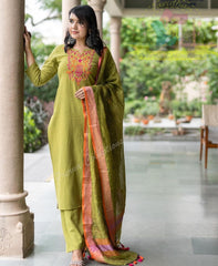 Premium Cotton Slub Green Kurta Pant and Dupatta set