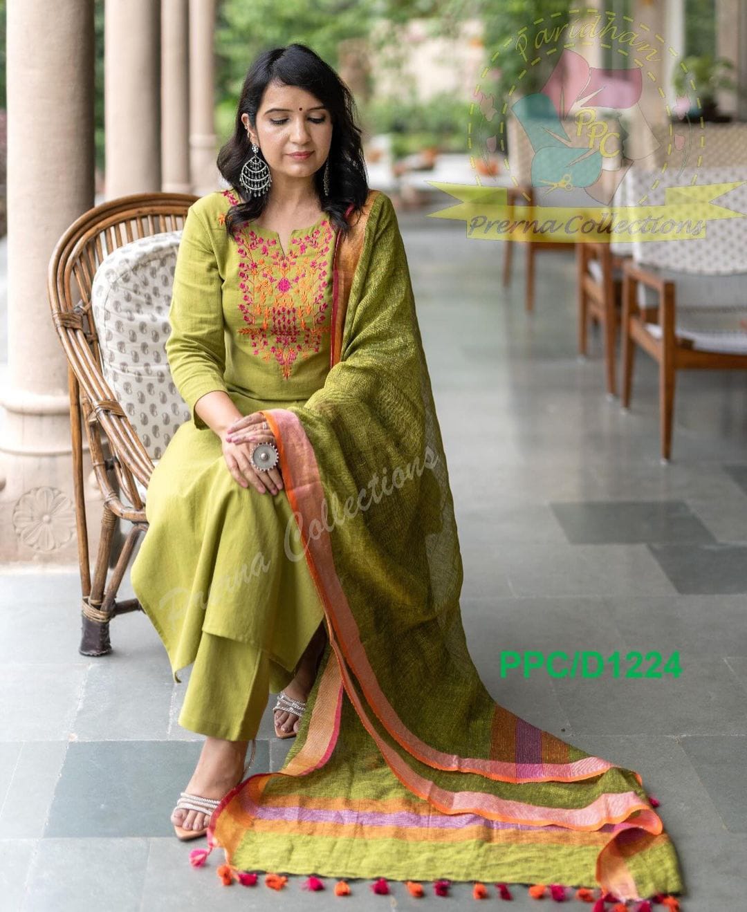 Premium Cotton Slub Green Kurta Pant and Dupatta set