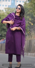 Trending Cotton Purple Kurta Pant and Dupatta set