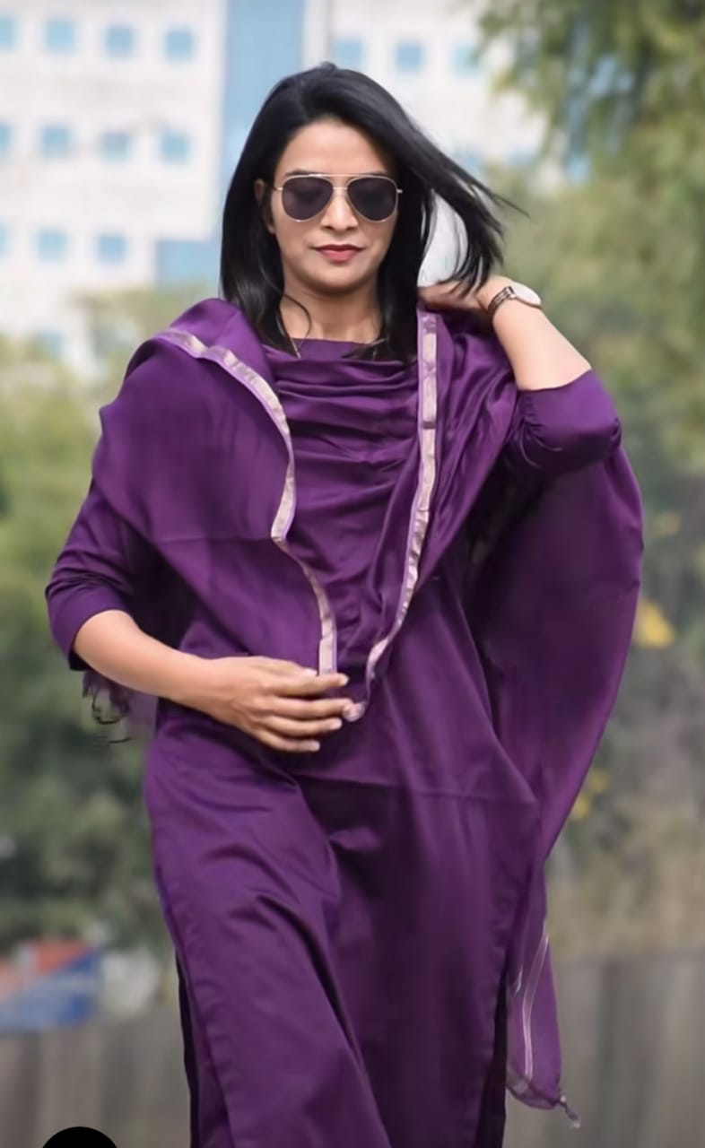 Trending Cotton Purple Kurta Pant and Dupatta set