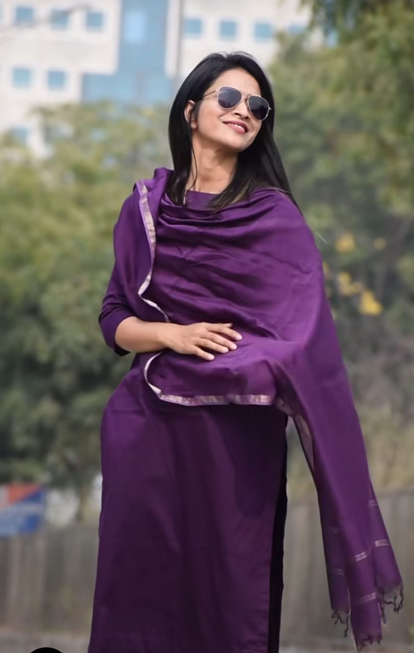 Trending Cotton Purple Kurta Pant and Dupatta set