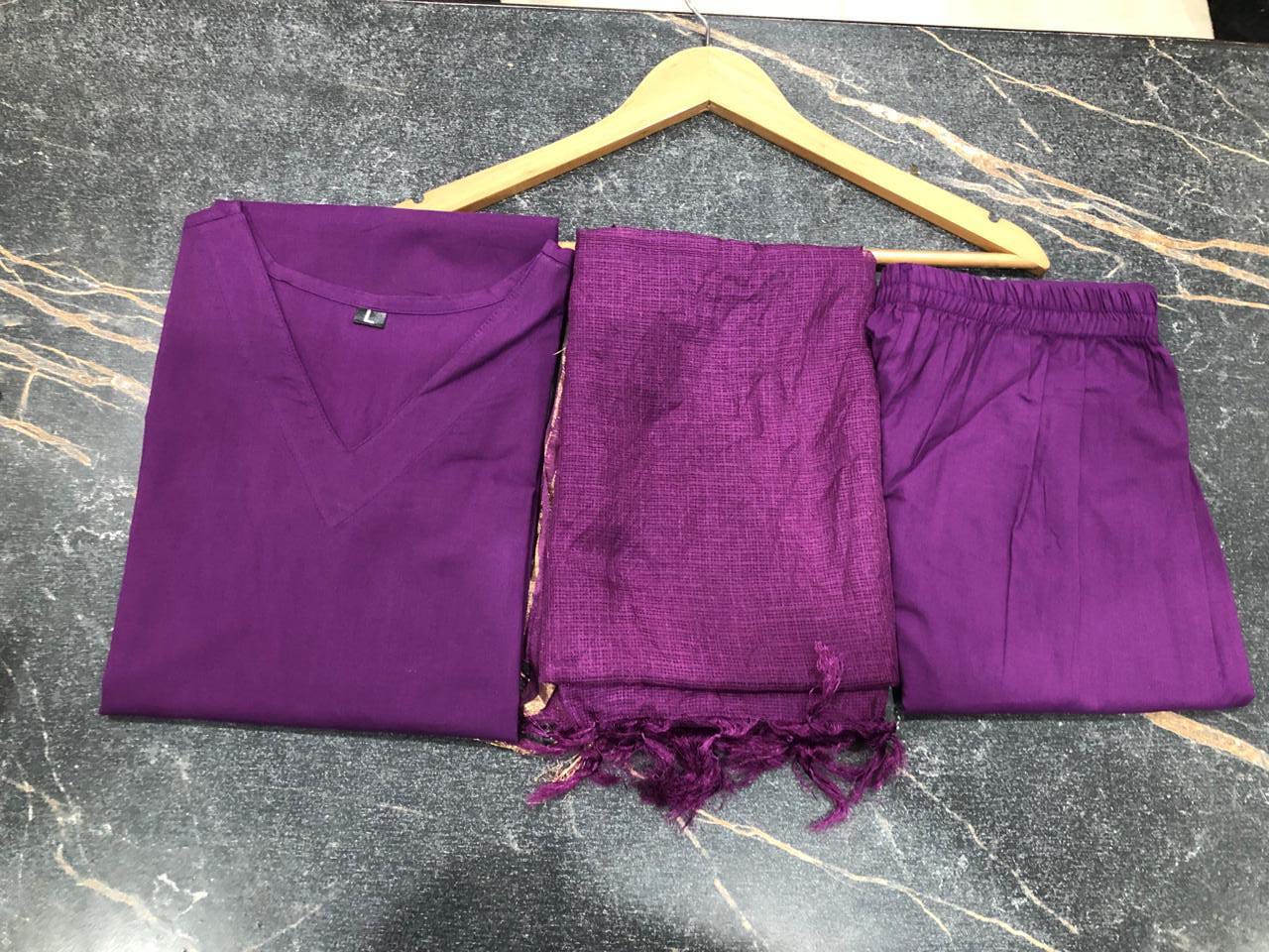 Trending Cotton Purple Kurta Pant and Dupatta set