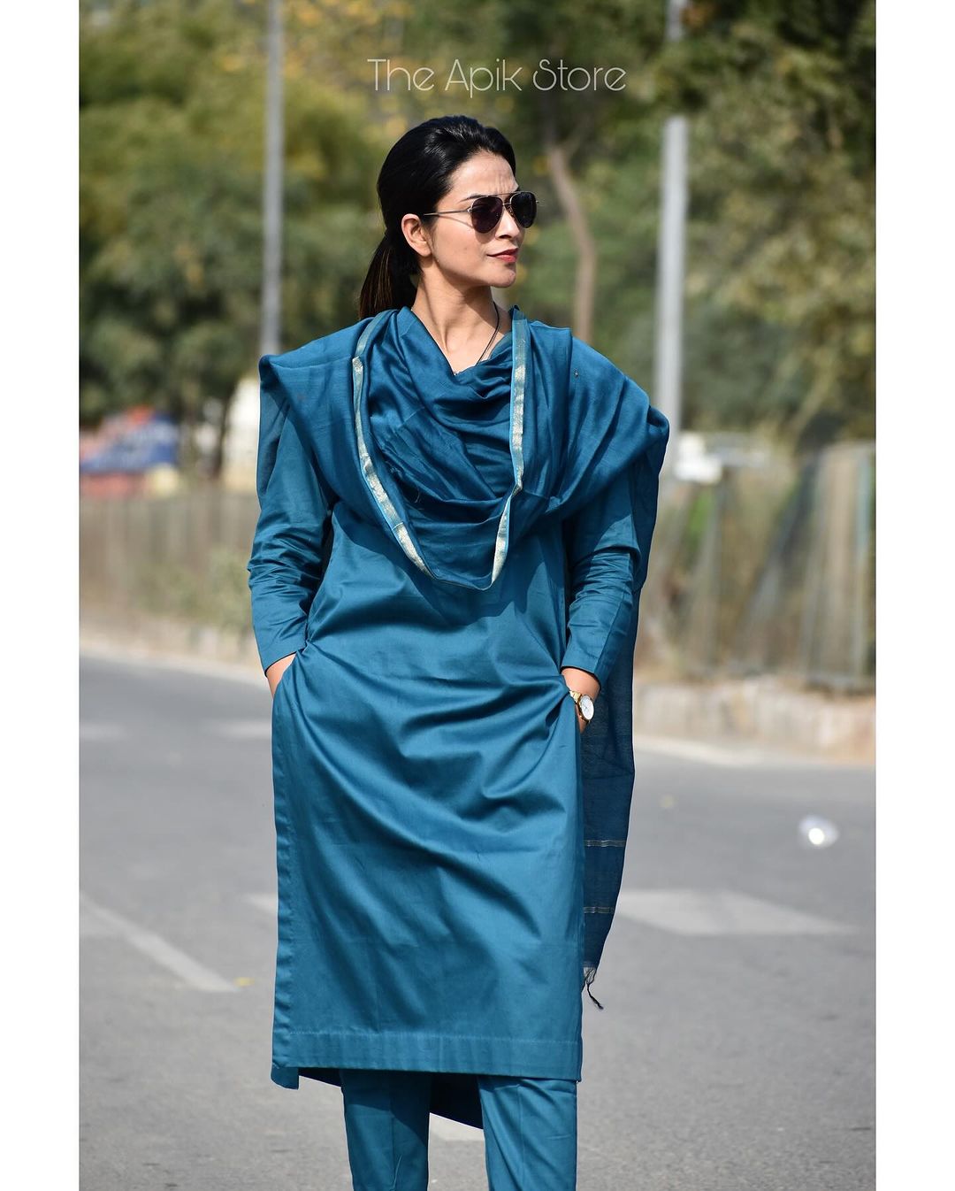 Premium Kota Doriya Cotton Blue Kurta Pant and Dupatta set