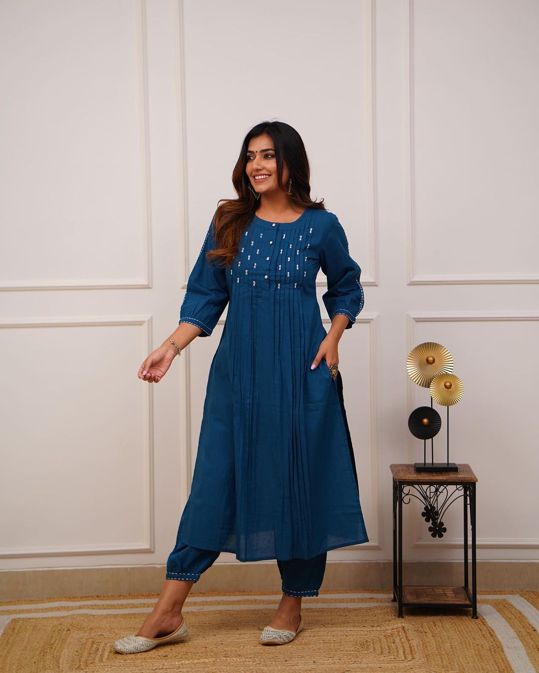 Trending Teal Blue Cotton Kurta Pant set